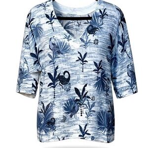 Monsoon Linen Blend Blue Botanical Resort Print Top – Size M